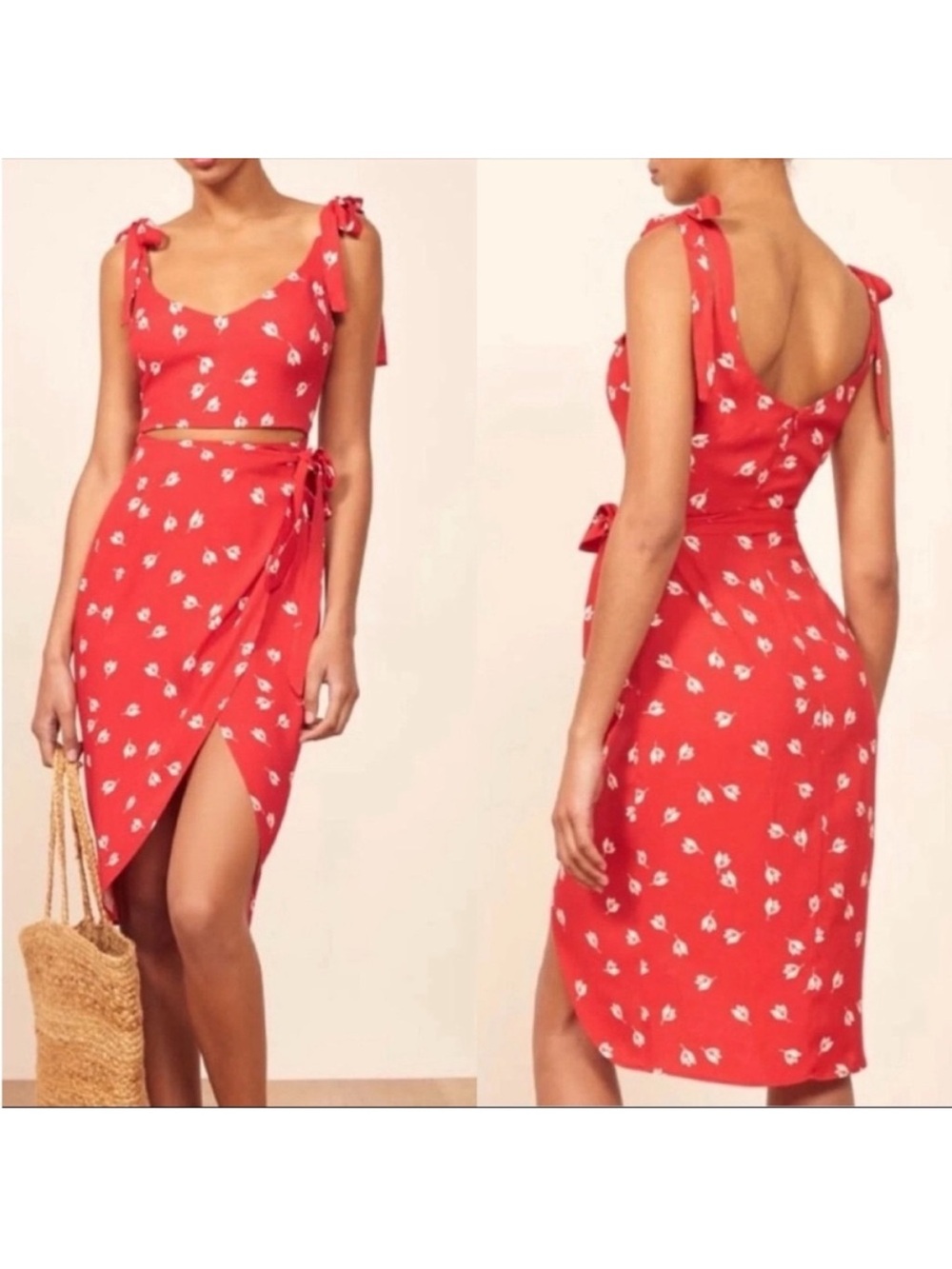 REFORMATION Jeanne Red Floral Print BELINDA Shoulder Tie Cutout Wrap Dress Sz 0